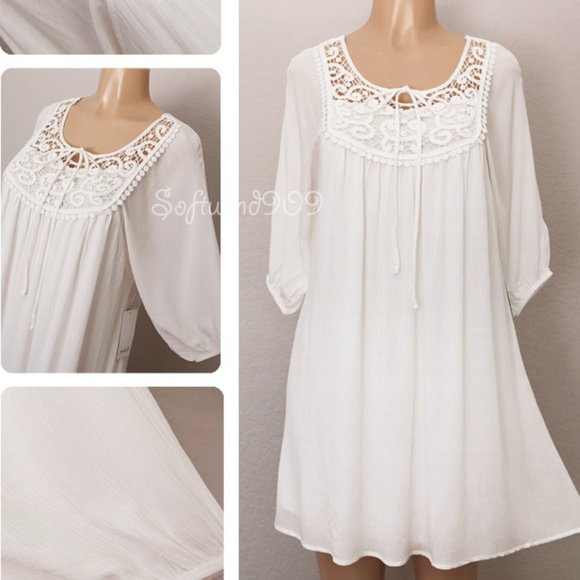 Last☝️ Ivory Crochet Lace Gauzy BOHO Peasant Dress - Picture 4 of 8